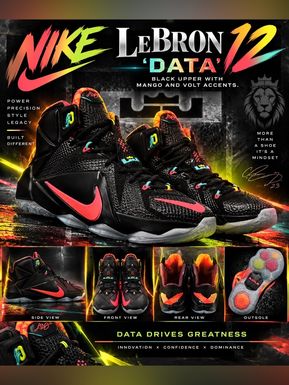 New!🔥Nike LeBron 12 'Data' features a black upper with mango and volt accents!🔥